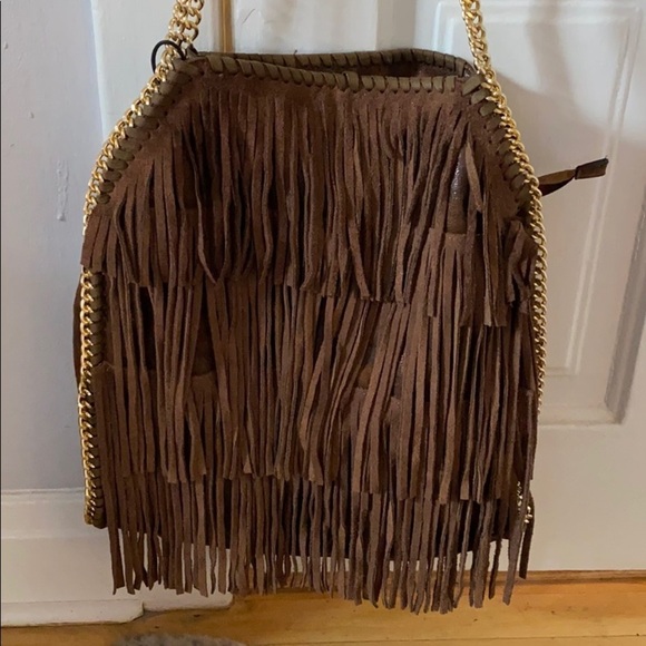 Brown suede tote Faux leather fringe tote gold chain straps brown - Picture 2 of 6